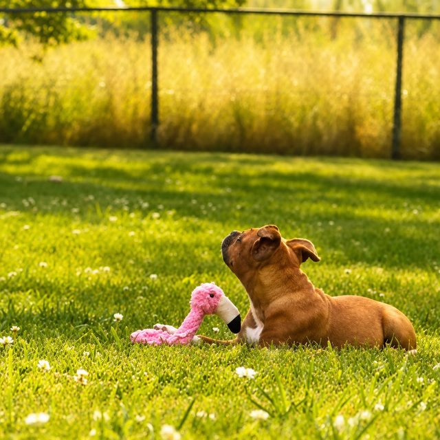 Staffordshire bull terriër-pup Daisy ligt in het zonnige gras naast een roze flamingoknuffel, in de tuin van Maui in Rilland
